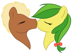 Size: 2860x2104 | Tagged: safe, artist:salinamyth, apple fritter, meadow song, g4, apple family member, eyes closed, female, high res, kissing, male, meadowfritter, shipping, simple background, smiling, straight, transparent background