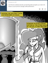 Size: 700x900 | Tagged: safe, artist:tigerdehavilland, princess celestia, human, g4, coffee, female, humanized, messy mane, solo, sunrise, tired, tumblr comic, wavy mouth