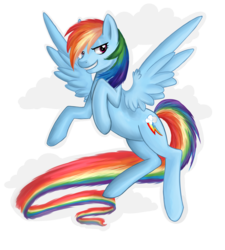 Size: 3570x3958 | Tagged: safe, artist:bumblebun, rainbow dash, pegasus, pony, g4, cloud, cloudy, female, flying, grin, high res, looking at you, old art, simple background, smiling, smirk, solo, spread wings, transparent background, wings