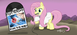 Size: 1472x669 | Tagged: safe, artist:mateusuk, fluttershy, g4, album cover, clothes, dress, microphone, mouth hold, record, the stone roses