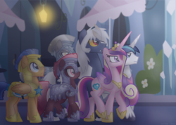 Size: 1194x851 | Tagged: safe, artist:faith-wolff, flash sentry, princess cadance, shining armor, oc, oc:sterling silver, kaiju pony, pegasus, pony, unicorn, fanfic:the bridge, g4, armor, colored sclera, crossover, crystal guard, crystal guard armor, fanfic art, female, godzilla (series), horn, male, mare, ponified, read in beast wars megatron's voice, spacegodzilla, stallion, tricorn, xenilla, yellow sclera