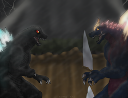 Size: 1118x856 | Tagged: safe, artist:faith-wolff, kaiju, fanfic:the bridge, crystal, duo, fanfic art, godzilla, godzilla (series), male, open mouth, read in beast wars megatron's voice, solgell island, spacegodzilla, xenilla