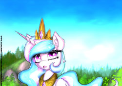 Size: 1400x1000 | Tagged: safe, artist:gamermac, princess celestia, alicorn, pony, g4, female, forest, mare, open mouth, sky, solo