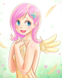 Size: 800x1000 | Tagged: safe, artist:ninjaham, fluttershy, human, g4, blanket, blushing, covering, cute, female, humanized, nudity, open mouth, smiling, solo, winged humanization