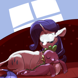 Size: 1024x1024 | Tagged: safe, artist:imsokyo, rarity, spike, classical unicorn, g4, couch, cuddling, cute, eyes closed, fainting couch, female, fluffy, horn, leonine tail, lidded eyes, male, open mouth, prone, ship:sparity, shipping, sleeping, smiling, snuggling, spikelove, straight, tumblr