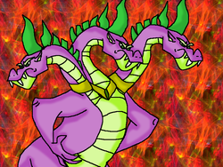Size: 768x576 | Tagged: safe, artist:mojo1985, spike, dragon, g4, abstract background, collar, male, multiple heads, spikezilla, three heads, three-headed dragon, three-headed spike