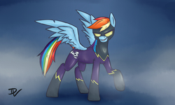 Size: 2024x1216 | Tagged: safe, artist:danli69, rainbow dash, pegasus, pony, g4, clothes, costume, female, goggles, gradient background, latex, latex suit, raised hoof, shadowbolt dash, shadowbolts, shadowbolts costume, solo