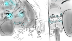 Size: 1511x865 | Tagged: dead source, safe, artist:alloyrabbit, oc, oc only, oc:anon, oc:orchid, human, kaiju pony, monster pony, pony, 2 panel comic, antennae, comic, eating, fist bump, giant pony, glowing eyes, hoofbump, hostage, macro, partial color, police, potato chips, robbery, sharp teeth, sketch, snacks, soda, teeth, vending machine