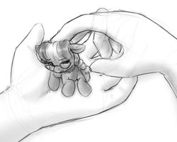 Size: 882x710 | Tagged: safe, artist:alloyrabbit, silver spoon, earth pony, pony, g4, hand, holding a pony, micro, monochrome, petting, sketch, tiny ponies