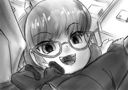 Size: 940x660 | Tagged: safe, artist:alloyrabbit, silver spoon, human, g4, building, city, dangling, fetish, giantess, humanized, imminent vore, macro, monochrome, open mouth, pov, uvula