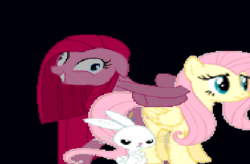 Size: 377x248 | Tagged: safe, angel bunny, fluttershy, pinkie pie, earth pony, pegasus, pony, fighting is magic, g4, game, glitch, hug, needs more jpeg, pinkamena diane pie, smiling, wat