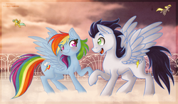 Size: 2221x1309 | Tagged: safe, artist:frostedpuffs, derpy hooves, rainbow dash, soarin', pegasus, pony, g4, blushing, crush, cute, female, flying, holding hooves, male, mare, nervous, old cutie mark, raised leg, ship:soarindash, shipping, smiling, spread wings, straight