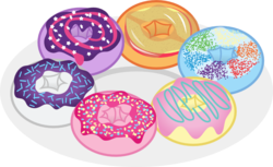 Size: 966x590 | Tagged: safe, artist:cheezedoodle96, applejack, fluttershy, pinkie pie, rainbow dash, rarity, twilight sparkle, g4, .svg available, donut, donutified, food, mane six, plate, simple background, svg, transparent background, vector