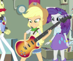 Size: 500x420 | Tagged: safe, screencap, applejack, flam, rarity, a case for the bass, equestria girls, g4, my little pony equestria girls: rainbow rocks, animated, bass guitar, musical instrument