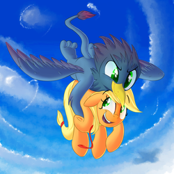 Size: 2000x2000 | Tagged: safe, artist:january3rd, applejack, oc, earth pony, griffon, pony, g4, canon x oc, flying, high res, holding a pony, interspecies