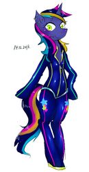 Size: 382x735 | Tagged: safe, artist:divided-s, oc, oc only, oc:luminous neon, pony, bipedal, bodysuit, pixiv, solo