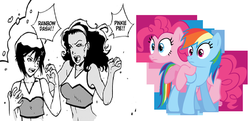 Size: 1083x523 | Tagged: safe, pinkie pie, rainbow dash, g4, suki taft, vampire cheerleaders, zoe weller