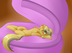 Size: 3000x2200 | Tagged: safe, artist:sugaryviolet, oc, oc only, oc:paige, oc:sugary violet, earth pony, pony, blushing, concave belly, high res, hoof fetish, hooves, macro, male, micro, slender, squishy, stallion, thin, underhoof