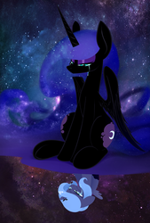Size: 1181x1748 | Tagged: safe, artist:underpable, nightmare moon, princess luna, g4, both cutie marks, crying, duality, ethereal mane, female, floppy ears, frown, galaxy mane, looking down, missing accessory, reflection, s1 luna, sad, sky, solo, stars, underhoof