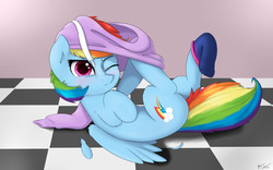 Size: 2400x1500 | Tagged: safe, artist:captainpudgemuffin, rainbow dash, pegasus, pony, g4, behaving like a cat, clothes, cute, dashabetes, female, filly, filly rainbow dash, mare, one eye closed, rainbow dash always dresses in style, socks, solo, sweater