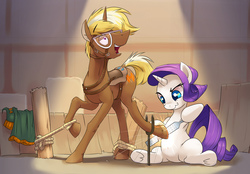 Size: 2958x2060 | Tagged: safe, artist:gsphere, rarity, trenderhoof, pony, unicorn, g4, belly button, bondage, breast collar, bridle, farrier, female, file, high res, hoof tickling, hooficure, horses doing horse things, horses doing human things, livestock play, male, mare, rope, saddle, stallion, straight, tack, tickling, trenderity, underhoof