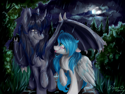 Size: 1024x768 | Tagged: safe, artist:dearmary, oc, oc only, bat pony, pony, blushing, duo, glasses, love, moon, night, rain, tongue out, tree, wet mane, wing umbrella, wings