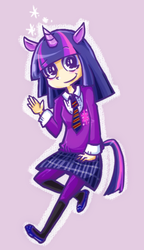 Size: 345x598 | Tagged: safe, artist:rirom, twilight sparkle, human, g4, clothes, eared humanization, female, horn, horned humanization, humanized, miniskirt, necktie, school uniform, schoolgirl, shirt, skirt, slippers, solo, sweater, tailed humanization, tights