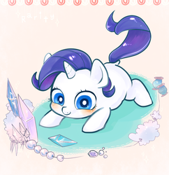 Size: 950x980 | Tagged: safe, artist:mirululu, rarity, pony, g4, baby, baby pony, blushing, cute, diabetes, eyes on the prize, female, gem, jewelry, pearl, prone, raribetes, smiling, solo, string, weapons-grade cute, younger