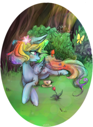 Size: 1284x1755 | Tagged: safe, artist:wilvarin-liadon, fluttershy, rainbow dash, butterfly, g4, female, forest, fusion, prone, simple background, solo, teacup, transparent background