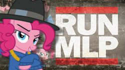 Size: 1920x1080 | Tagged: safe, artist:x3demonomega, pinkie pie, g4, blurry, logo, pun, rapper pie, run dmc, vector, wallpaper