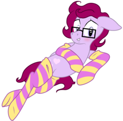 Size: 730x717 | Tagged: safe, artist:knadire, artist:knadow-the-hechidna, oc, oc only, oc:alby roo, blushing, clothes, cute, female, floppy ears, glasses, grin, looking at you, mare, on side, smiling, socks, solo, striped socks