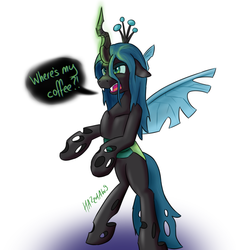 Size: 967x1024 | Tagged: safe, artist:hazzdawg, queen chrysalis, changeling, changeling queen, g4, annoyed, bipedal, fangs, female, magic, solo