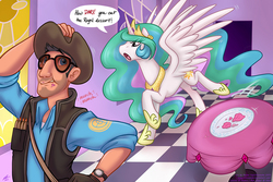 Size: 1500x1000 | Tagged: safe, artist:onnanoko, princess celestia, alicorn, human, pony, g4, cake, crossover, duo, eating, female, human and pony, male, mare, plate, running, sniper, sniper (tf2), spread wings, table, team fortress 2, upset