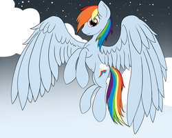 Size: 3750x3000 | Tagged: safe, artist:xormak, rainbow dash, g4, belly button, cloud, cloudy, eye contact, female, flying, high res, lineart, simple background, sky, solo, spread wings, stars