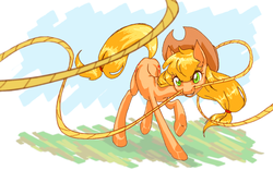 Size: 1280x800 | Tagged: safe, artist:bloominglove, applejack, g4, female, lasso, mouth hold, raised hoof, skinny, solo, thin