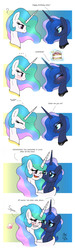 Size: 900x3000 | Tagged: safe, artist:joakaha, princess celestia, princess luna, g4, blushing, cake, cakelestia, chubby cheeks, comic, crying, drool, hug, squishy cheeks