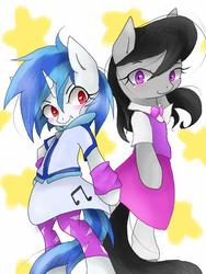 Size: 480x640 | Tagged: safe, artist:azurepicker, dj pon-3, octavia melody, vinyl scratch, semi-anthro, g4, clothes, equestria girls outfit