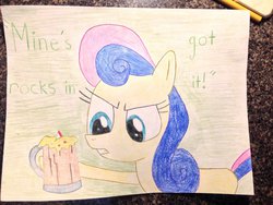 Size: 1024x768 | Tagged: safe, artist:corterpounder, bon bon, sweetie drops, g4, bon bon is not amused, cider, female, mine's got rocks in it, solo