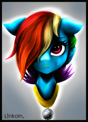 Size: 3031x4230 | Tagged: safe, artist:l1nkoln, rainbow dash, g4, crying, female, floppy ears, hair over one eye, high res, portrait, sad, simple background, solo