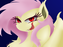 Size: 800x600 | Tagged: safe, artist:katrittaja, fluttershy, bat pony, anthro, g4, bat ponified, chest fluff, drool, fangs, female, flutterbat, licking, licking lips, looking at you, race swap, solo, tongue out