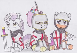 Size: 2872x1961 | Tagged: safe, artist:topgun308, apple bloom, scootaloo, sweetie belle, earth pony, pegasus, pony, unicorn, g4, armor, chainmail, christianity, clothes, cross, crusader, cutie mark crusaders, fantasy class, female, filly, foal, gray background, helmet, horn, kite shield, knight, literal, looking at you, paladin, religious headcanon, shield, simple background, sitting, spear, sword, traditional art, trio, trio female, warrior, white background