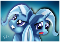 Size: 1565x1102 | Tagged: safe, artist:hllday, trixie, pony, unicorn, g4, duality, looking down, looking up, sad
