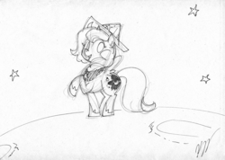 Size: 2309x1647 | Tagged: safe, artist:egophiliac, princess luna, alicorn, pony, moonstuck, g4, cartographer's cap, female, filly, hat, monochrome, moon, raised hoof, sketch, smiling, solo, traditional art, woona