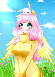 Size: 630x890 | Tagged: safe, artist:soriinyu, angel bunny, fluttershy, human, g4, breasts, busty fluttershy, clothes, eared humanization, female, humanized, solo, sweatershy, winged humanization