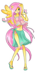 Size: 370x725 | Tagged: safe, artist:shioiri, fluttershy, butterfly, anthro, plantigrade anthro, g4, ambiguous facial structure, belly button, blushing, breasts, clothes, feet, female, flip-flops, midriff, sandals, side slit, skinny, skirt, solo, tank top, thin