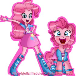Size: 1500x1500 | Tagged: dead source, safe, artist:vixelzf, pinkie pie, human, equestria girls, g4, clothes, equestria girls outfit, female, human ponidox, self ponidox, simple background, solo, square crossover, transparent background
