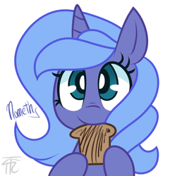 Size: 484x502 | Tagged: dead source, safe, artist:php92, princess luna, pony, g4, cute, eating, female, filly, lunabetes, nom, simple background, solo, toast, woona, ye olde english