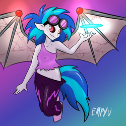 Size: 1000x1000 | Tagged: safe, artist:empyu, dj pon-3, vinyl scratch, demon, equestria girls, g4, belly button, bottomless, braless, breasts, clothes, corrupted, disc, female, flying, glowing, looking at you, midriff, no panties, solo, spread wings, tank top
