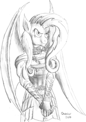 Size: 1232x1726 | Tagged: safe, artist:quakehoof, fluttershy, vampire, anthro, g4, dawnguard, flutterbat, looking at you, monochrome, skyrim, the elder scrolls, traditional art