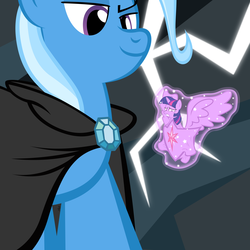 Size: 2750x2750 | Tagged: safe, artist:navitaserussirus, trixie, twilight sparkle, alicorn, pony, g4, magic duel, alicorn amulet, brooch, cloak, clothes, element of magic, female, frown, gritted teeth, high res, inanimate tf, jewelry, macro, magic, mare, micro, objectification, smirk, telekinesis, transformation, trixie's brooch, twilight sparkle (alicorn), wide eyes